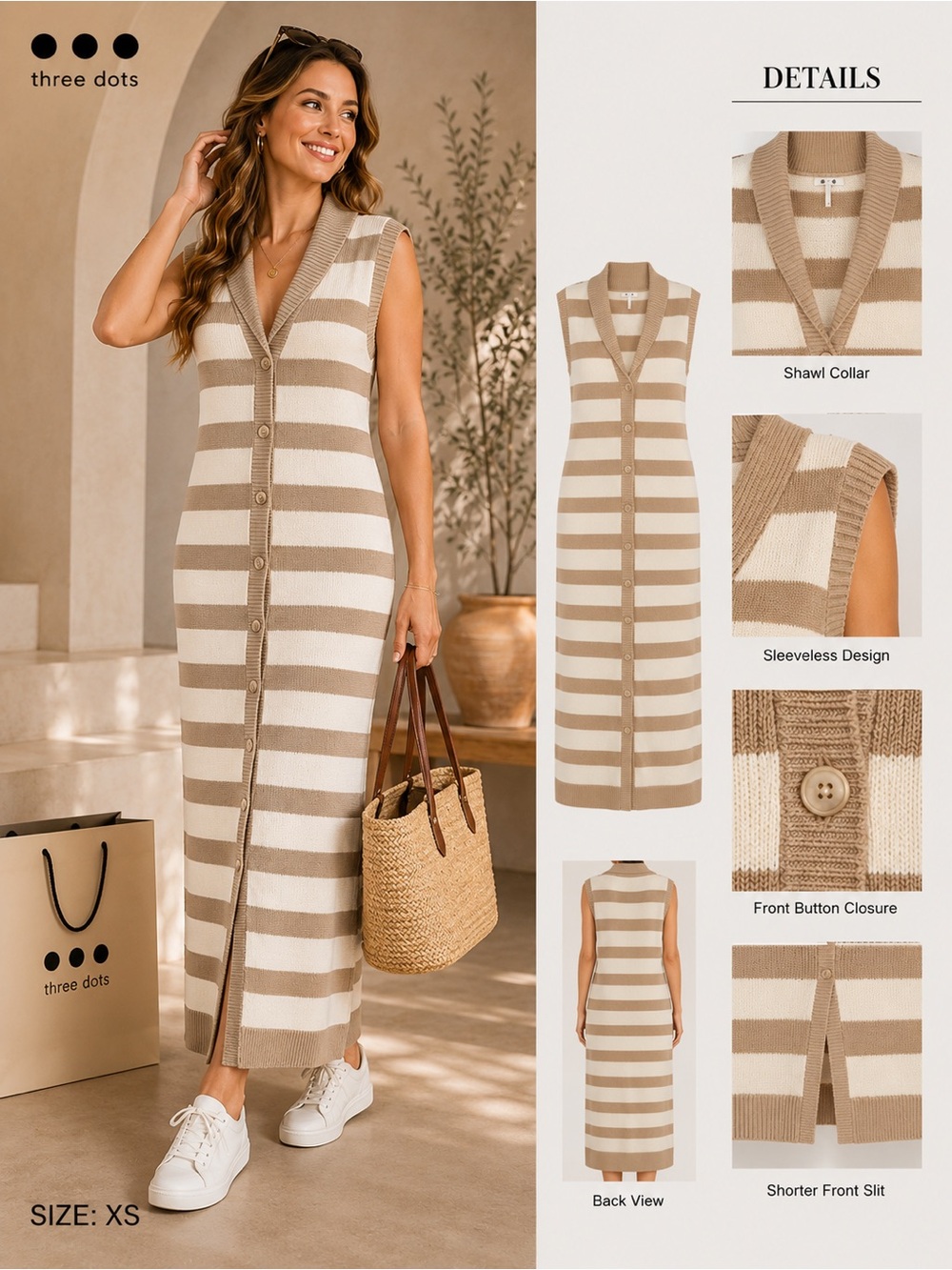 Three Dots Beige & Cream Striped Sleeveless Knit Midi Dress